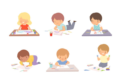 Cute boys and girls sitting on floor and painting with crayons and fingerprints set. Kids creativity education and development cartoon vector illustration