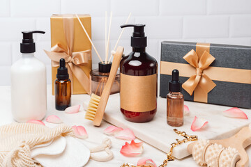 Gift set Body and face care beauty bath set.  spa facial and body skin care products. Lotion, essential oil, cream, massage brushes and anti-cellulite. Valentines Day Mother's Day March 8 gift