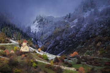 church in the mountains  autumn landscape