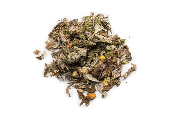 Dry tea leaves and dry fruit isolated on white background.