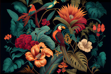 Tropical exotic pattern with parrots and flowers in bright colors and lush vegetation, generative AI