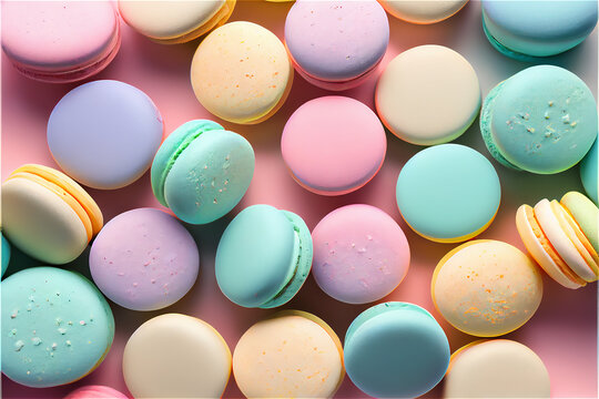 pastel colored French macarons in a colored background, generative AI