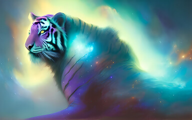 spirit of a spectral ghost tiger in the night / in space in front of a nebula - fantasy art - digital painting - vibrant colors