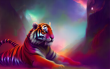spirit of a spectral ghost tiger in the night / in space in front of a nebula - fantasy art - digital painting - vibrant colors