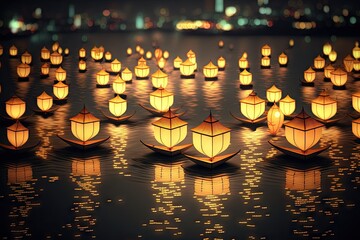 Lantern Festival, asian lanterns floating and flying over water. Generative AI