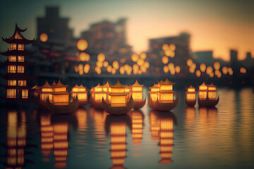 Lantern Festival, asian lanterns floating and flying over water. Generative AI
