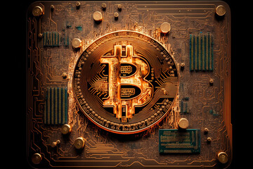 On a mainboard are golden coins with the bitcoin sign. Generative AI