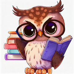 Back to school owl. Cute kawaii owl reading book. Kindergarten imagination, creativity. - 560563901
