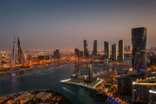 Manama, Bahrain skyline at night taken in April 2022
