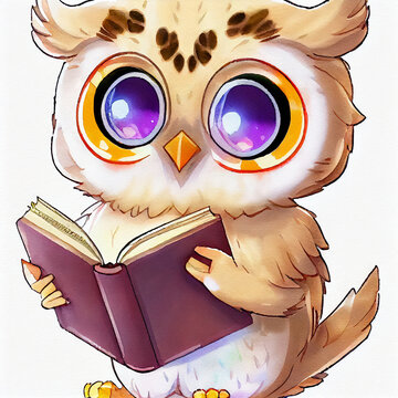 Back to school owl. Cute kawaii owl reading book. Kindergarten imagination, creativity.