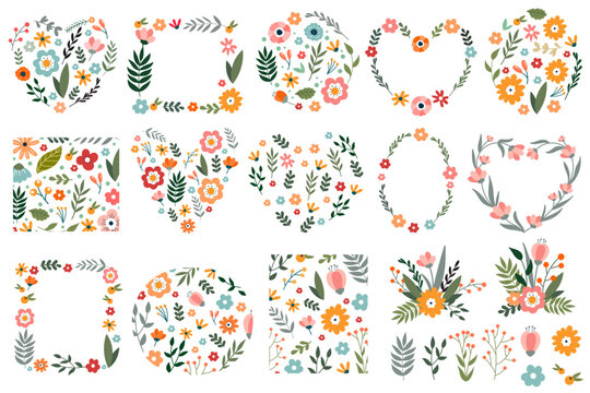 Flower shapes flat icons set. Frame floral designs. Cute cartoon blossom blooming. Wildflowers on geometric figures