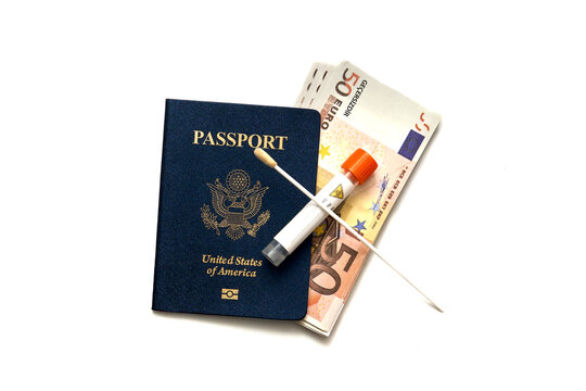 A passport from which euro bills come out, and on top of it there is a Pcr test, from Covid, with a white background.