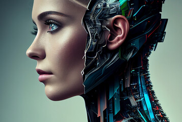 a woman half-robot or a humanoid android with artificial intelligence parts or a technological upgrade as human evolution, mechanical body parts. Generative AI - obrazy, fototapety, plakaty