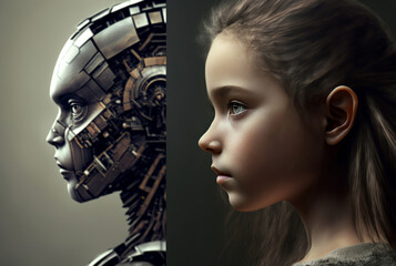 a child girl half-robot or a humanoid android with artificial intelligence parts or a technological upgrade as human evolution, mechanical body parts. Generative AI