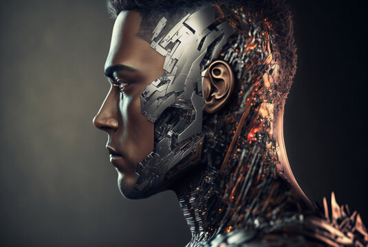a young attractive man as half-robot or a humanoid android with artificial intelligence parts or a technological upgrade as human evolution, mechanical body parts. Generative AI