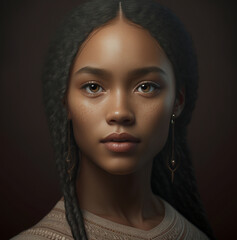 a young attractive woman with direct eye contact, dark skin, black hair, Indonesian African Asian woman. Generative AI