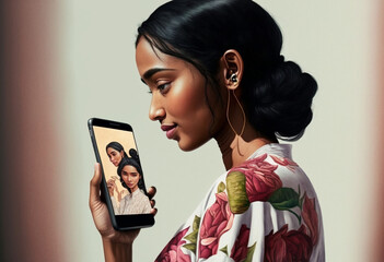 a young attractive woman using her cell phone, side view. Generative AI