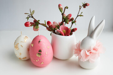 Easter card design. spring flowers, easter eggs and easter bunny