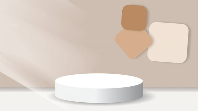 Round podium stage background animation. Podium in soft brown color, minimalistic background with light effect. Loop playback on 4K footage