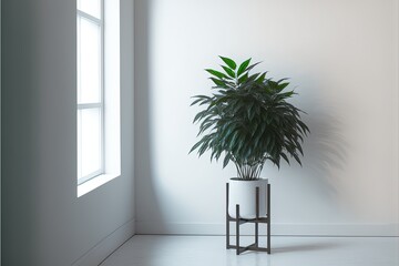 Silver Evergreen plant in a minimalist white room illustration made with Generative AI