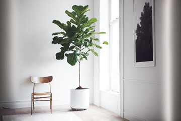Fiddle Leaf Fig plant in a minimalist white room illustration made with Generative AI