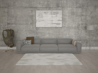 Mock up poster empty frame on hipster background with stylish sofa, 3d rendering.