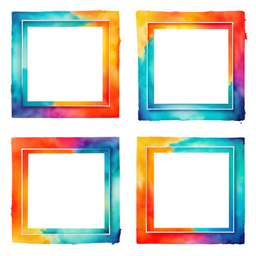 Set of square frames with colorful watercolor gradient. Abstract multicolored paint texture isolated on transparent background