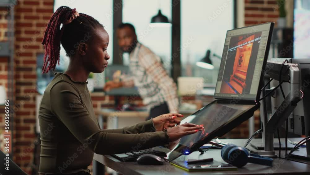 Poster african american woman designing game interface on computer with touchscreen display, working on 3d 