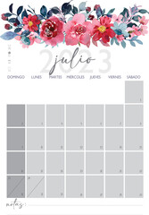 Calendario Planificador en Español A4 - 2023. Mes de Julio
