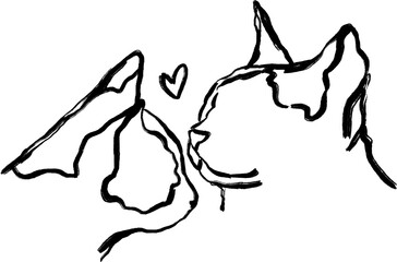 Cats couple hand drawn illustration. Valentine art. Two abstract cat's heads brush drawing. In love 