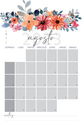 Calendario Planificador en Español A4 - 2023. Mes de Agosto - obrazy, fototapety, plakaty