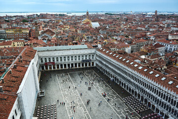 MAY 20, 2017 - VENICE, ITALY: View of Saint Mark's Square, Piazza San Marco, and the city of Venice from the bell tower Campanile di San Marco.
