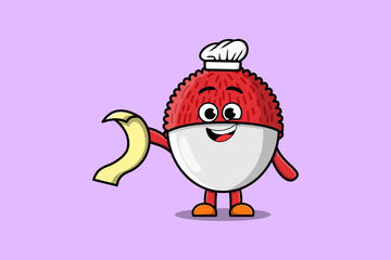 Cute cartoon Lychee chef character with menu in hand cute style design illustration