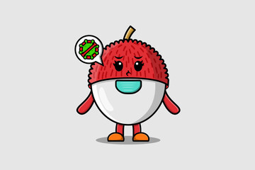 Cute cartoon illustration Lychee using mask to prevent virus in cute modern style design