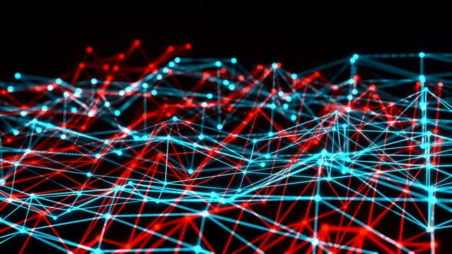 Abstract polygon effect. Network of abstract red and blue moving polygons.  Science, futuristic, system and network. 3D animation