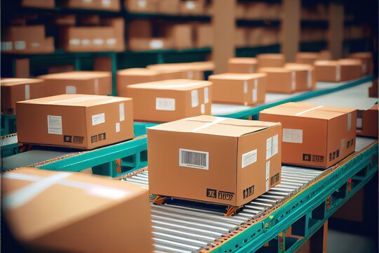 Parcels On Conveyor Belt In A Warehouse