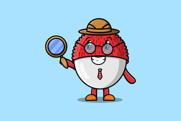 Cute cartoon character Lychee detective is searching with magnifying glass   