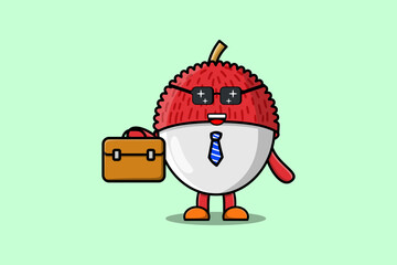 Cute cartoon Lychee businessman character holding suitcase illustration