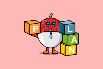 Cute cartoon Lychee businessman stacking plan box in flat modern style design