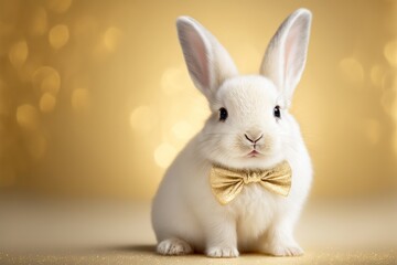 Fototapeta premium A cute rabbit wears a fancy hat in a studio background. Created with generative AI technology and Photoshop.