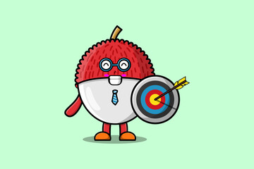 Cute cartoon Lychee businessman holding target and arrow with happy expression  