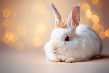 Fototapeta premium A cute rabbit wears a fancy hat in a studio background. Created with generative AI technology and Photoshop.