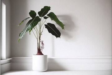 Calathea orbifolia plant in a minimalist white room illustration made with Generative AI