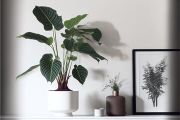 Calathea orbifolia plant in a minimalist white room illustration made with Generative AI