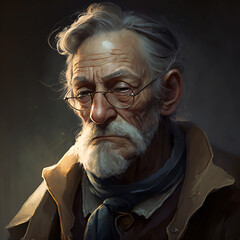 Old scholar portrait with glasses and a trench coat, character design. Generative AI