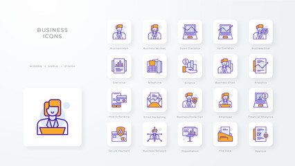 Business icon collection with purple and orange duotone style. Corporate, currency, database, development, discover, document, e commerce. Vector illustration