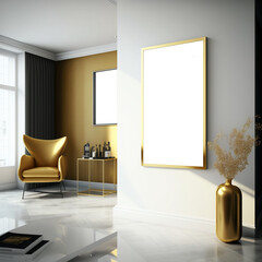 Mock up poster frame in modern living room interior background, apartment concept, one gold armchair with gold coffee table on marble floor and gray wall, luxury, 