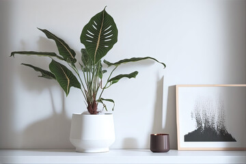 Tropic Snow Dumb Cane plant in a minimalist white room illustration made with Generative AI