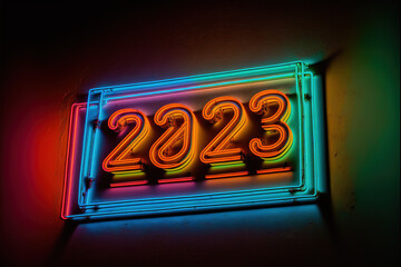 2023 neon sign in vibrant colours, generative ai