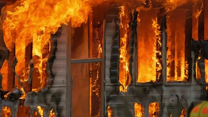 Large house fire ablaze with dangerous flames. Close up slow motion shot of a building on fire.